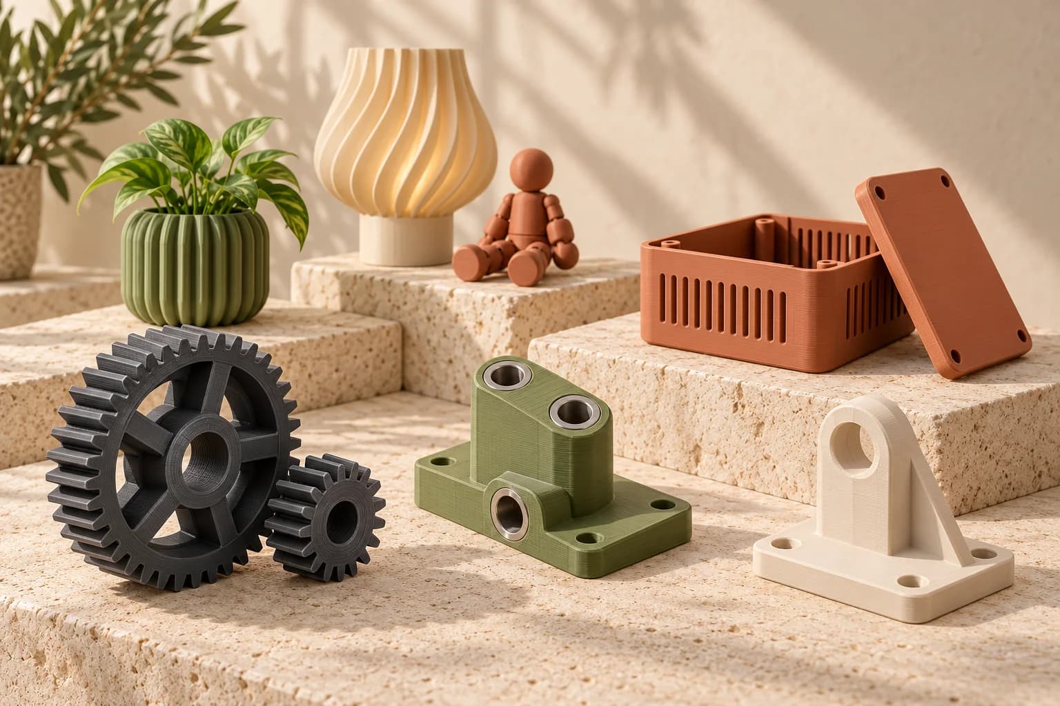 Illustration of printed gears, a guide jig, a mounting bracket and an electronics enclosure, with a planter, lamp and figure