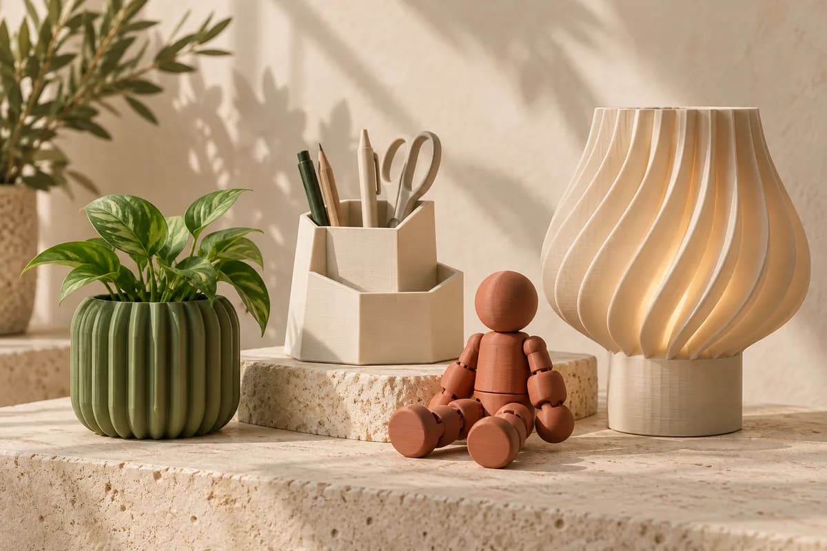 A selection of 3D printed planters, desk accessories, a toy and a sculptural lamp