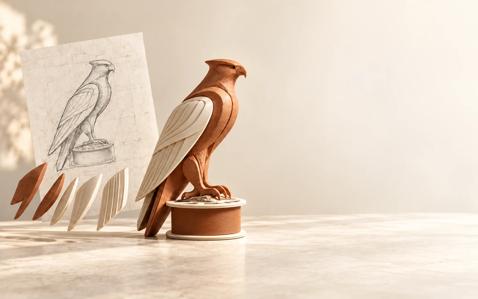 A clay falcon with ivory wings on a short filament spool, its sketch and design parts in a warm studio concept